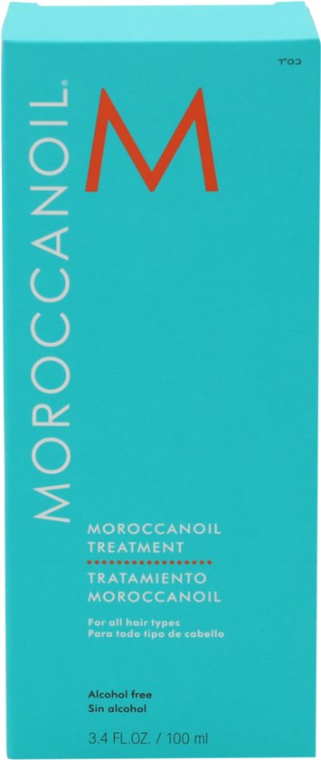 Turquoise kartonnen verpakking voor Moroccanoil Treatment, 100 ml, alcoholvrij.