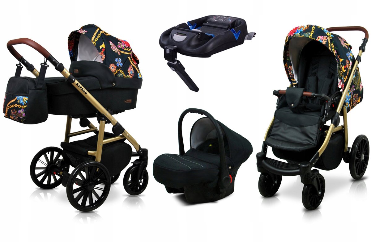 BabyLux® Kinderwagen 4in1 – ASPERO - GOLD CHAIN - Opklapbare Wandelwagen incl. Reiswieg, Multifunctionele Buggy Sportstoel, Autostoel, ISOFIX basisstation - Combi-kinderwagen met Luiertas, Regenhoes, Klamboe