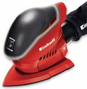 Rode Einhell schuurmachine met zwarte handgreep, aan/uit schakelaar en stofzak.