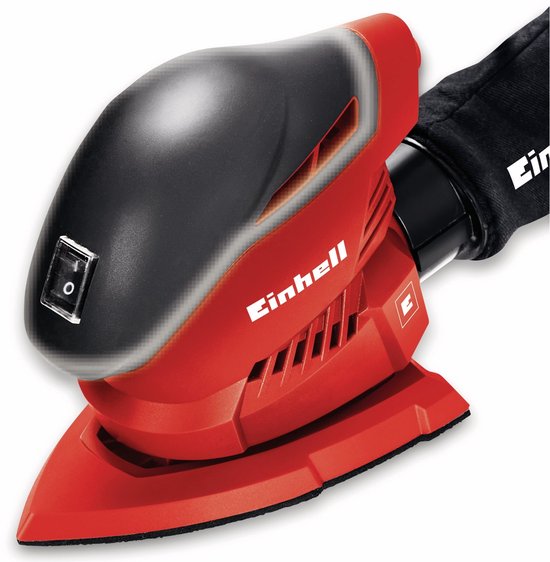 Rode Einhell schuurmachine met zwarte handgreep, aan/uit schakelaar en stofzak.