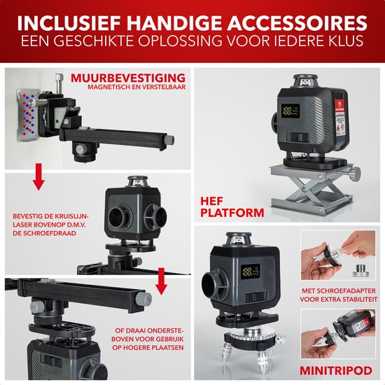 Diverse accessoires voor kruislijnlaser: muurbevestiging, hefplatform, schroefadapter en minitripod.