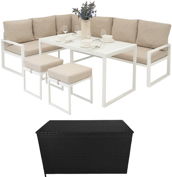 Tuinmeubel Set Wit Aluminium Rotan Opbergbox Zwart 582L Buiten Zitbank