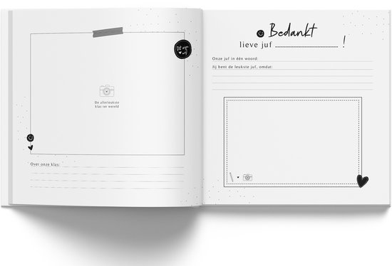 Opengeklapt afscheidsboekje met blanco pagina's voor tekst en foto's. Links een kader met 'Dit zijn wij' en rechts 'Bedankt lieve juf'.
