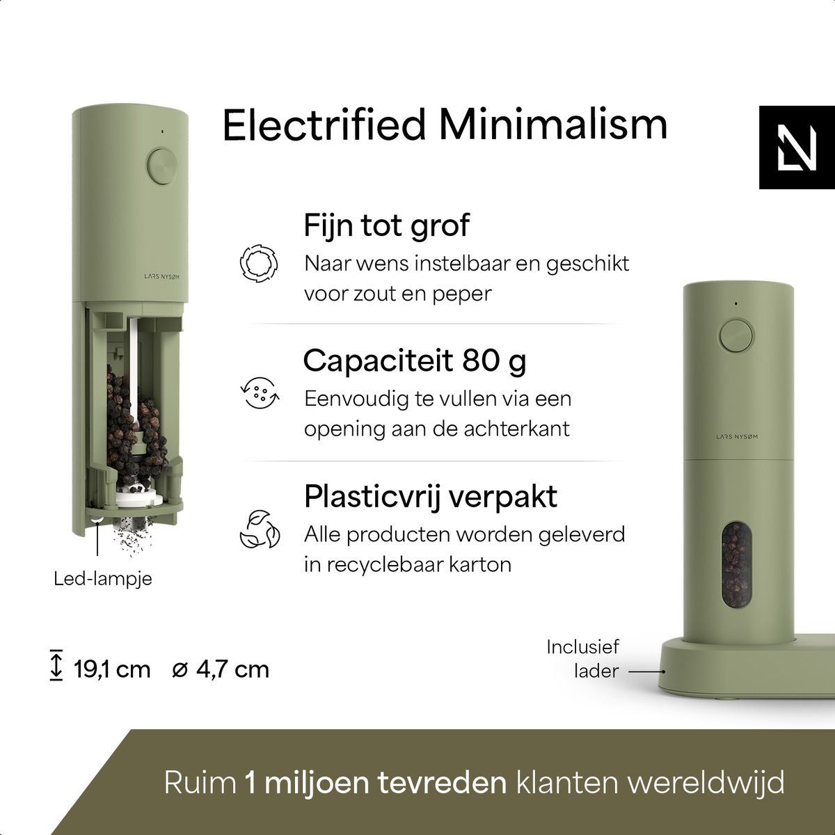LARS NYSØM Elektrische Zout- en Pepermolen Set Spænding - 2-delige Set met verstelbaar keramisch maalwerk van grof tot fijn - Automatisch kruidenmolense (Sage Green) — cadeau in Kookcadeaus - foto 3