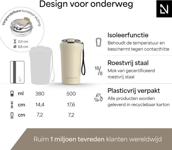 LARS NYSØM - Tasse à Coffee Thermo à emporter 'Rørelse' 500 ml - Sans BPA avec isolation - Avec sangle de transport et couvercle en Tritan - Crème au beurre