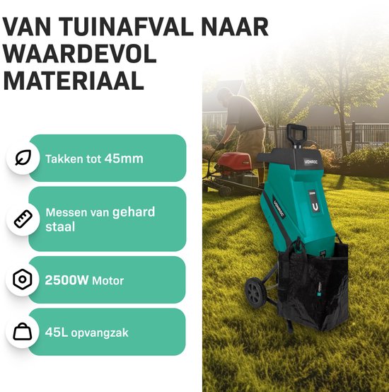 Groene hakselaar met zwarte opvangzak op een gazon. Tekst: "Van tuinafval naar waardevol materiaal. Takken tot 45mm, Messen van gehard staal, 2500W Motor, 45L opvangzak."