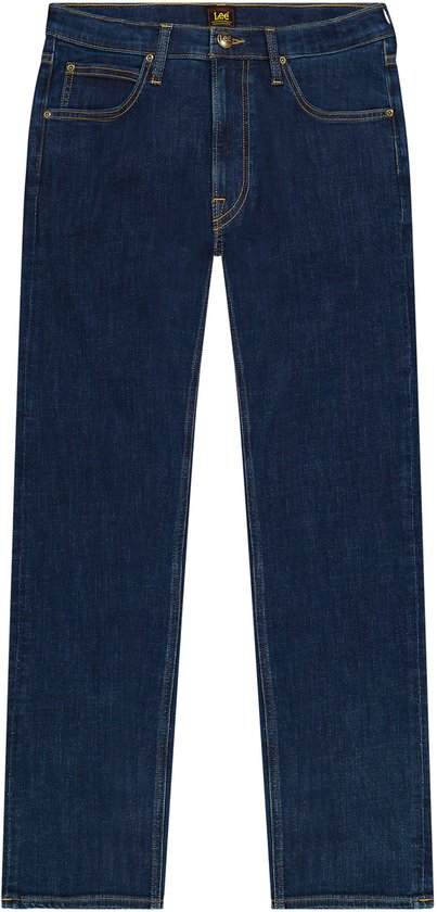 Donkerblauwe jeans met gele stiksels en bruin 'Lee'-label, recht van voren.