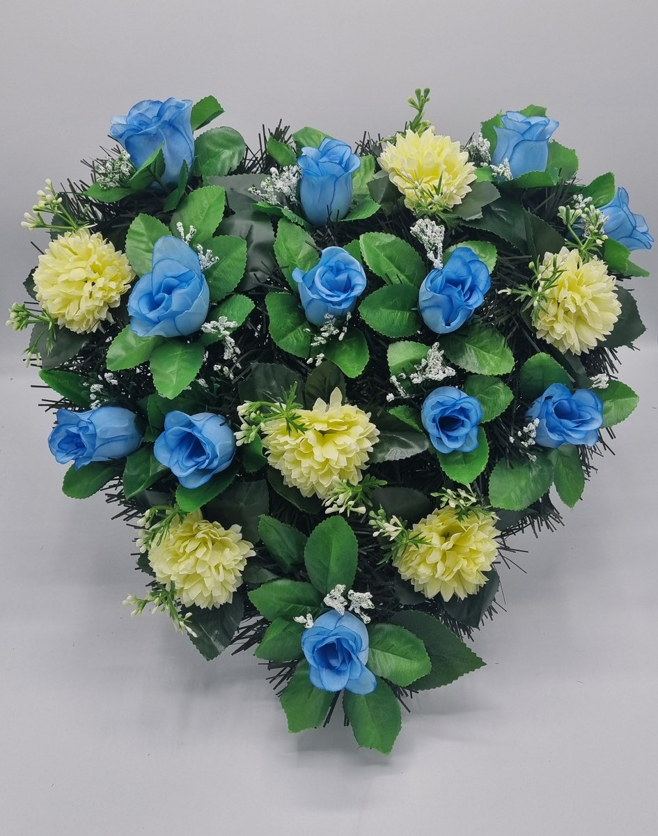 Bloemstuk - W847/42 - W932/02 - Hart - Roos - Blauw - Chrysant - Wit/Groen - 40cm - Verzwaard - Buigzaam - Grafdecoratie