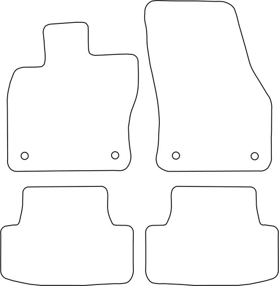 Schematische weergave van vier zwarte autmatten met cirkelvormige bevestigingspunten.