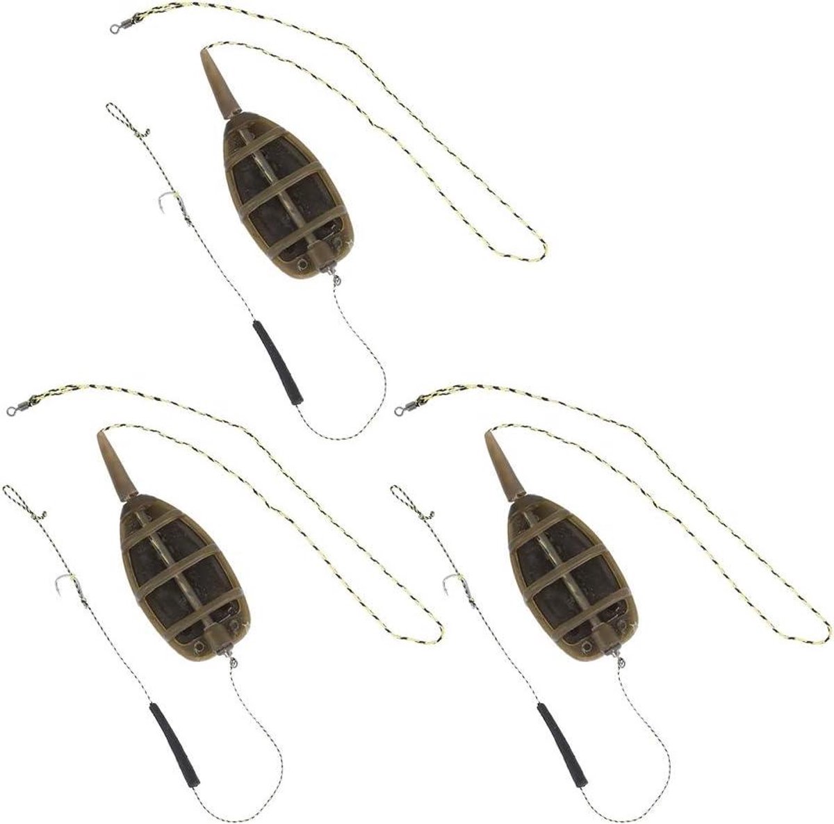 Set van 3 inline methode feeders voor karpervissen, inclusief visvoer, ideaal voor effectief en eenvoudig voeren tijdens het vissen