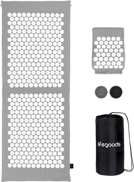LifeGoods Acupressuur Mat XL - 128x48x2cm - Spijkermat met Kussen - Shakti mat - Spijkerbed Incl. 2x Triggerpoint Bal - Grijs/Wit