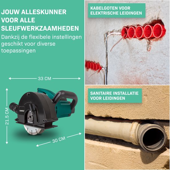VONROC Muurfrees – Sleufmachine – 1700W – Ø150MM – Incl. 2 stuks diamantschijven & opbergtas