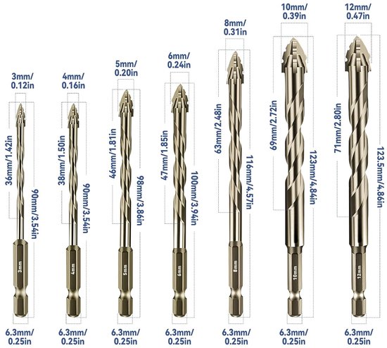 BGTEC Tegelboor Set - 10-delig 5 t/m 12 mm voor metselwerk, hout, kunststof, baksteen, tegels, glas, beton en marmer