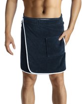 Bol.com HOMELEVEL sauna handdoek voor hem - Katoenen saunakilt voor mannen - One size - Donkerblauw/wit aanbieding