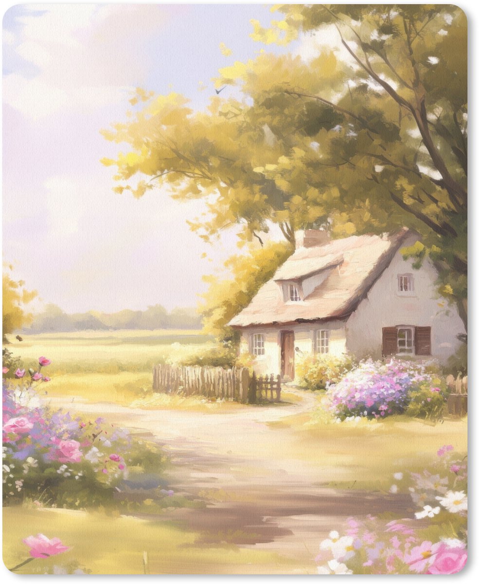 Muismat 19x23 cm - Mousepad Huisje - Hout - Bloemen - Muismatten