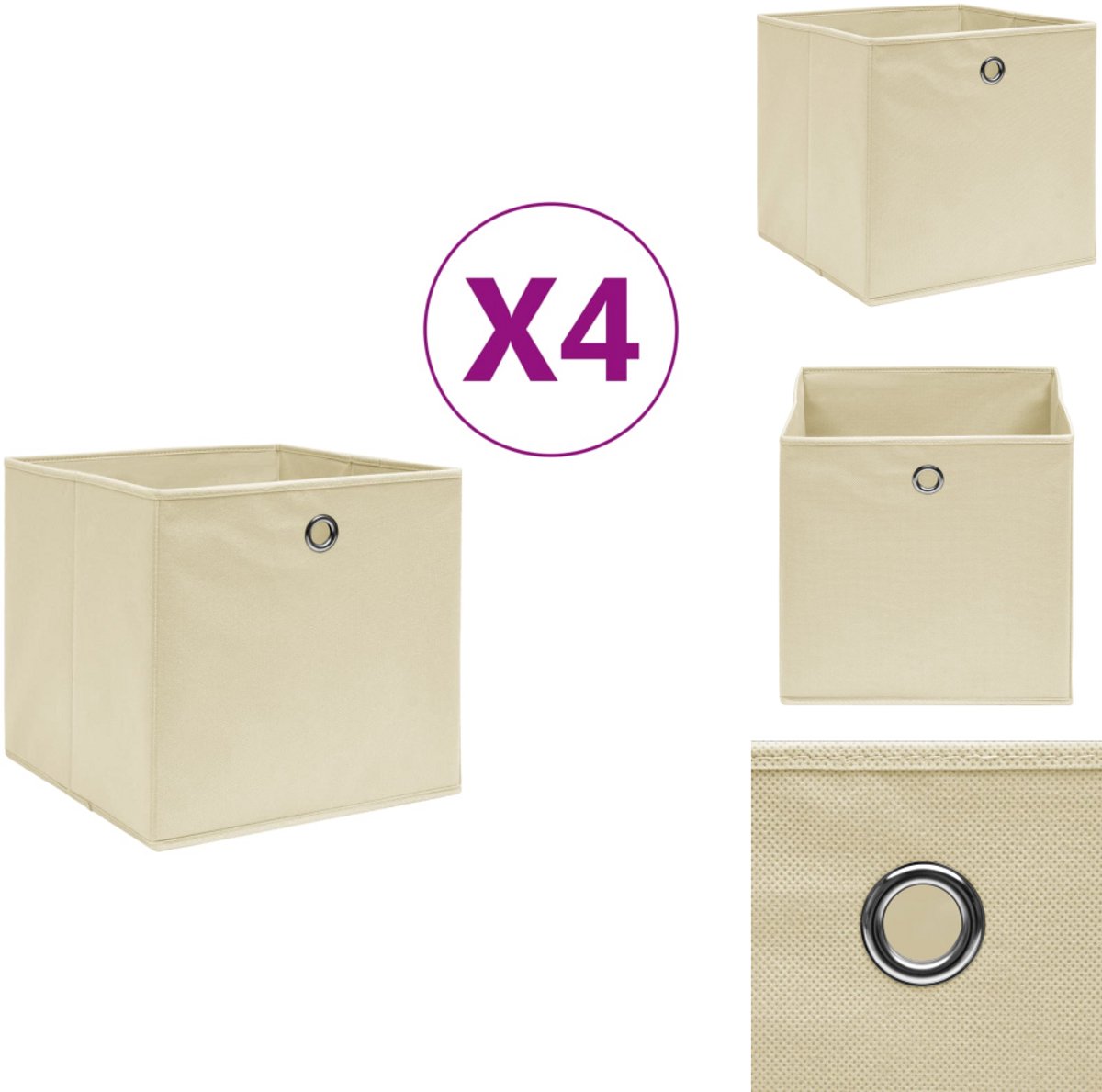 vidaXL Opbergbox - Opbergboxen - Opbergdoos - Opbergdozen - Opbergboxen 4 st 28x28x28 cm nonwoven stof crèmekleurig