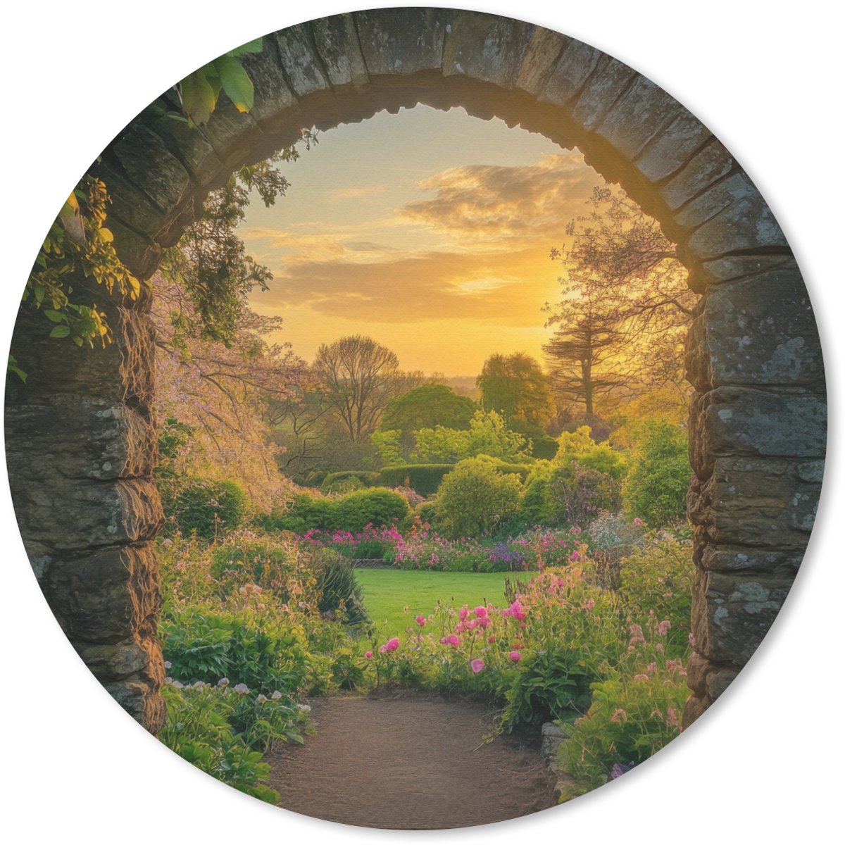 Muismat rond 40x40 cm - Mousepad Poort - Planten - Zonsondergang - Ronde muismatten