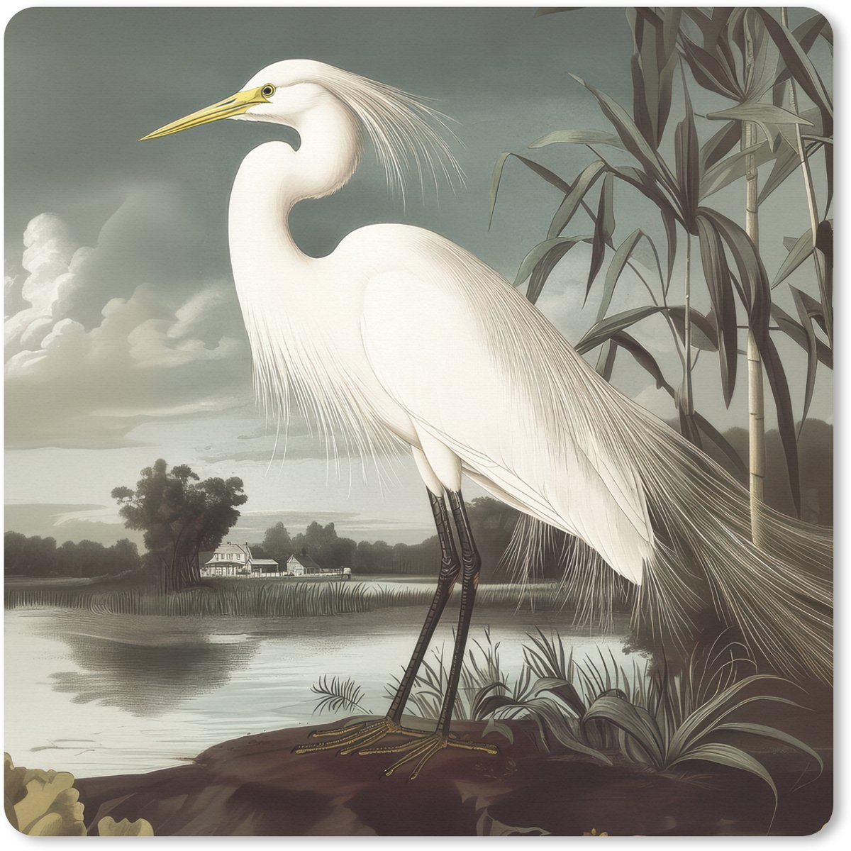 Muismat XXL 60x60 cm - Bureau onderlegger - Bureau mat Reiger - Planten - Wolken - Wit - Bureaumat - Gaming mousepad xl - Bureaulegger groot - Computer deskmat