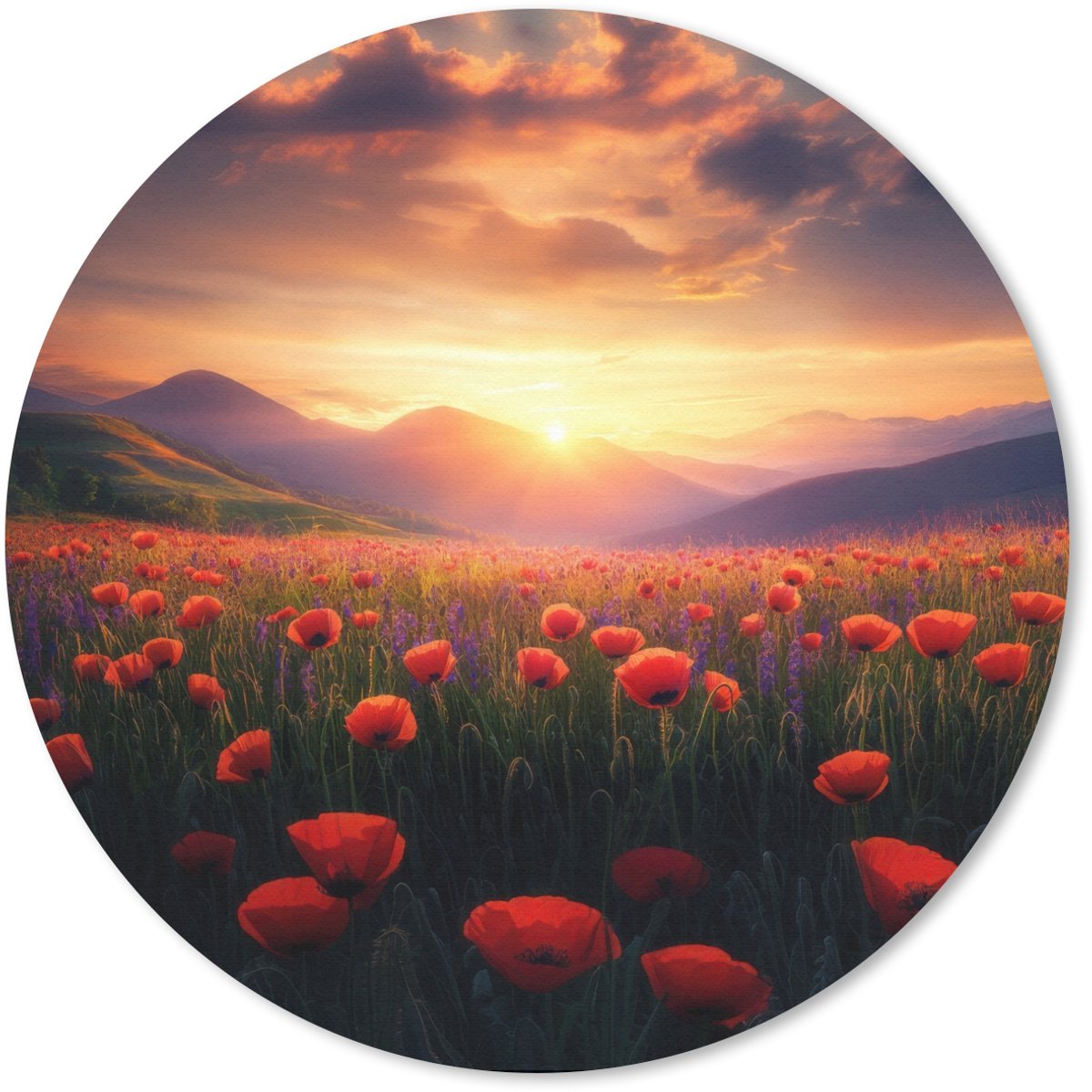 Muismat rond 40x40 cm - Mousepad Landschap - Zonsondergang - Bloemenveld - Ronde muismatten