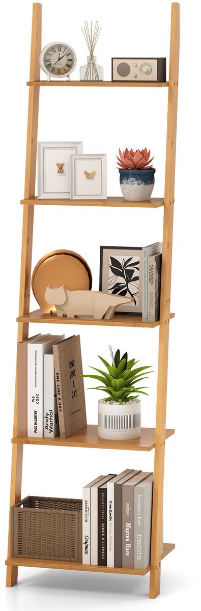 COSTWAY Ladderrek van bamboe, boekenkast, 5 niveaus, smal, voor thuiskantoor, woonkamer, 43 x 35 x 165 cm