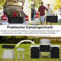 Compact opvouwbare campingkeuken, compleet met opbergtassen, een metalen frame en een draagtas.