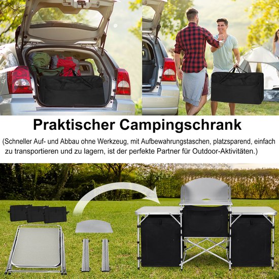 Compact opvouwbare campingkeuken, compleet met opbergtassen, een metalen frame en een draagtas.