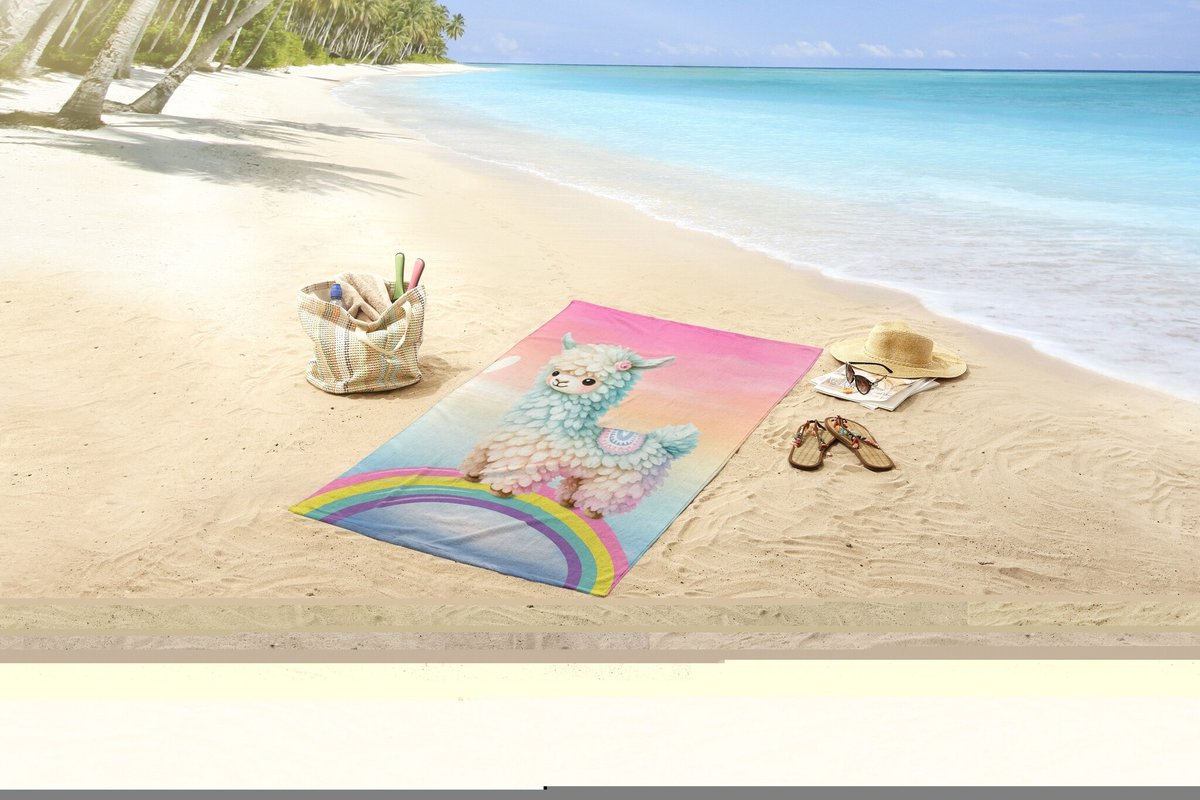 Strandlaken voor Kinderen 75x150 cm - Lama en Regenboog Print - Roze/Multicolor - Zacht Polyester Velours - Oeko-Tex Gecertificeerd