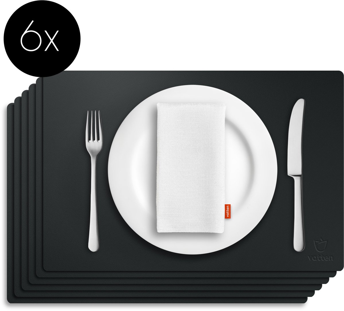 Vatten® Lederlook Placemats - 6 Stuks - 45 x 30 cm - Zwart