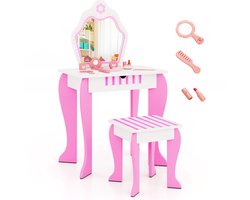 COSTWAY Kinderen Kaptafel & Krukje Set, Princess Speel Make-up Kleedtafel Set met Spiegel & Lade, 2-in-1 Kleuter Kaptafel Set Schrijftafel met Afneembare Top & Leuke Bloempatronen