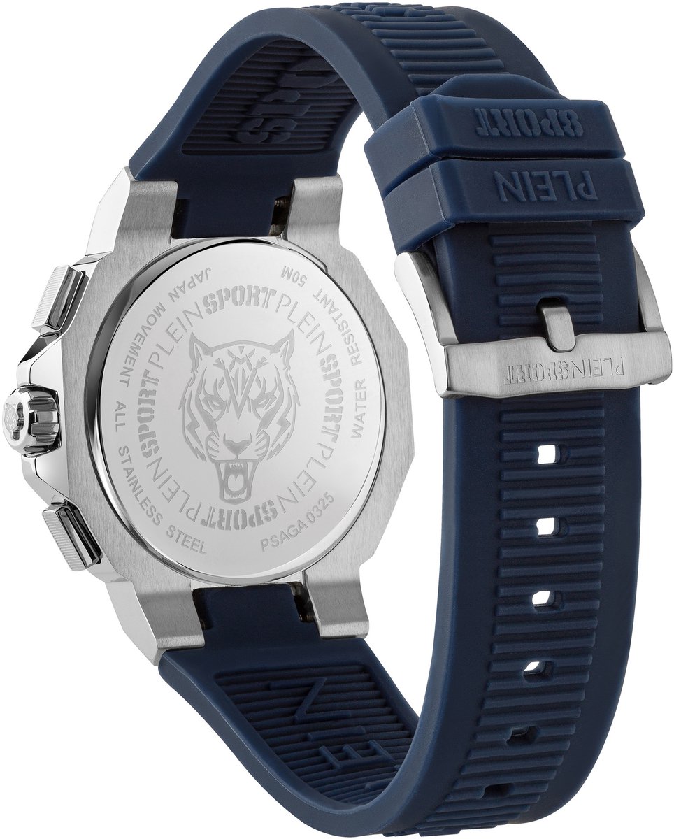 Plein Sport Titan Quartz Chronograaf Horloge Blauw Kast: 100 % Roestvrij Staal | Band: 100 % Siliconen 46 PSAGA0125, PSAGA0225, PSAGA0325