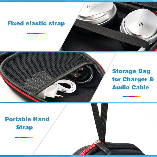 Details van de zwarte YONO koptelefoonhoes: vaste elastische band, opbergvak voor lader & audiokabel, en draaglus.