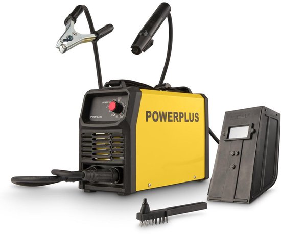 Geel Powerplus lasapparaat met stroomregelaar, aanzetkabel, lasklem en lasmasker.