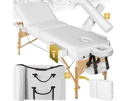 tectake® 3 zones massagetafel - Behandeltafel Somwang - 7,5 cm matras en houten frame - Inclusief rolkussens en draagtas - Behandelbank - Opvouwbaar - Draagvermogen tot 250 kg - Wit