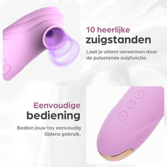 Close-up van de pulserende zuigfunctie van het roze Sinsaa speeltje. Een ander deel toont de eenvoudige bediening met knoppen.