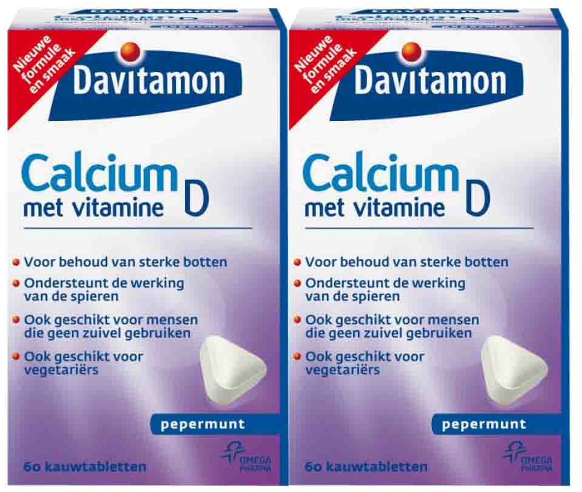 Goedkoopste 2x Davitamon Calcium Vitamine D3 Pepermunt 60 kauwtabletten