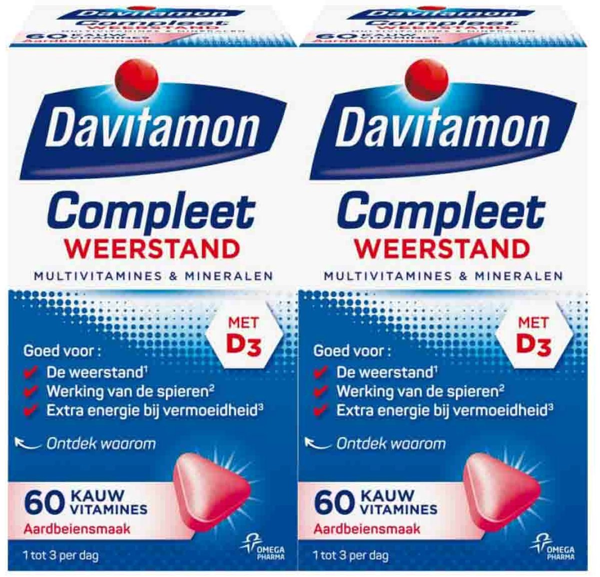 Goedkoopste 2x Davitamon Compleet Weerstand Kauwvitamines Aardbei 60 kauwtabletten