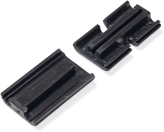 Twee zwarte kunststof koppelstukken voor de panelen van de ren.
