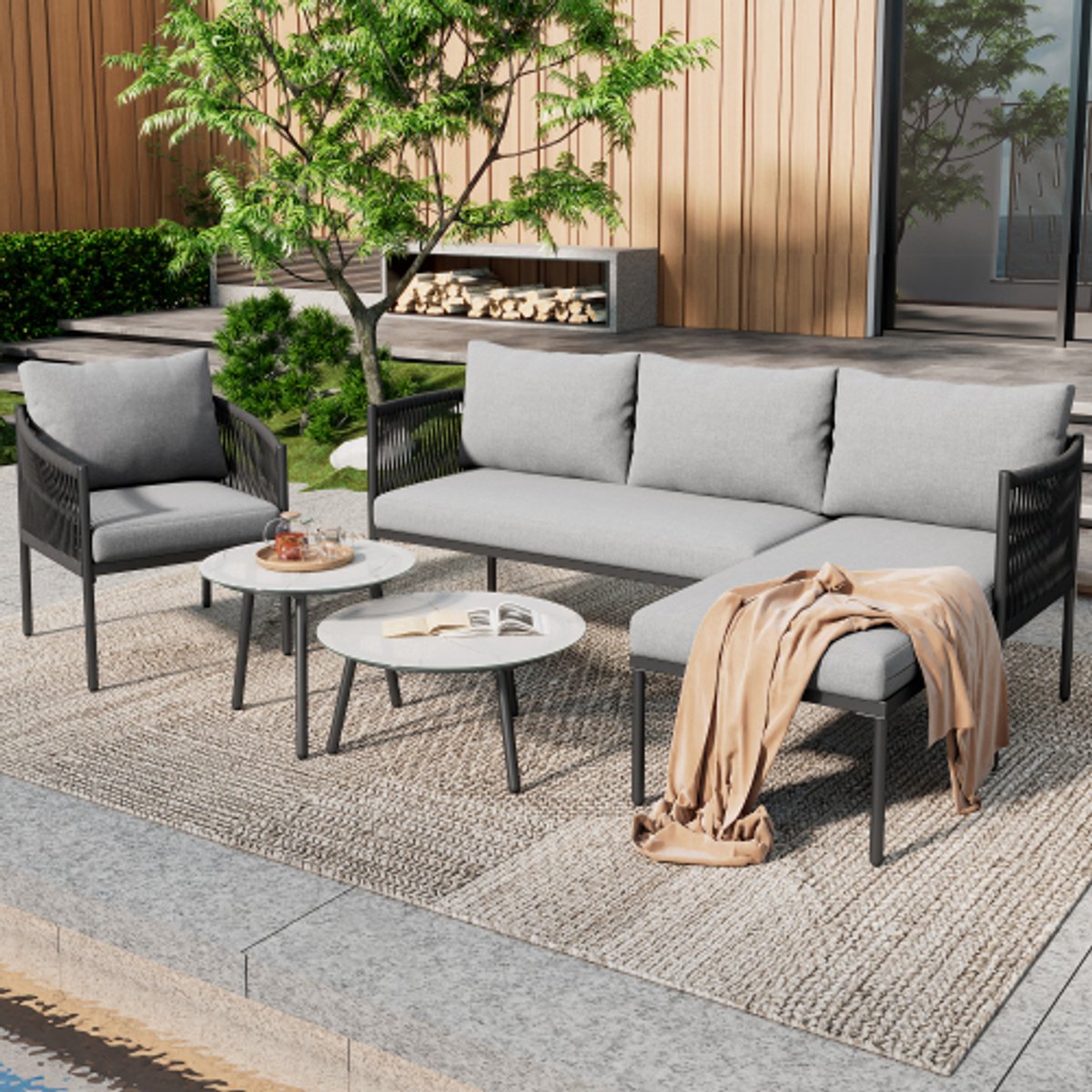 Tuinmeubelset, hoekbank + eenpersoonszit + 2 salontafels, gegalvaniseerde stalen buis, marmergelakt glazen tafelblad, gevlochten touwwerk, geschikt voor buitengebruik, grijs