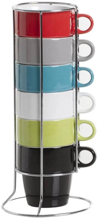 Secret de Gourmet Koffie mokken/bekers Colorama - 6x stuks in metalen rekje - Keramiek - glans afwerking - 260 ml - 8 x 9 cm