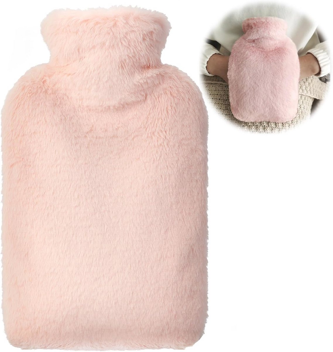 Duurzame Warmwaterkruik met Zacht Pluche Deksel - 2L Warmwaterfles met Kangoeroezak voor Kinderen en Volwassenen