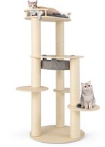 COSTWAY krabpaal met kattenhol, 131 cm hoog, kattenboom met platformen & bal & zitstang en kussen, klimboom van riet & sisal, krabpaal voor kleine katten Koffie Natuur