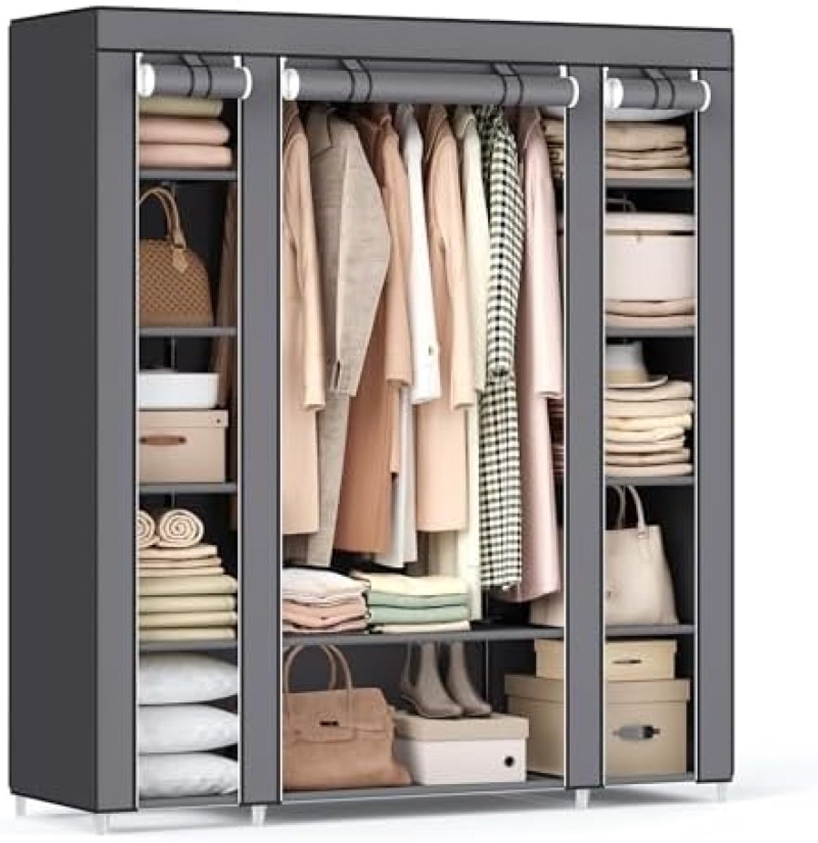 Garderobe, linnenkast met kledingstang en rekken, stoffen hoes, voor slaapkamer of kleedkamer, 150 x 45 x 175 cm, grijs
