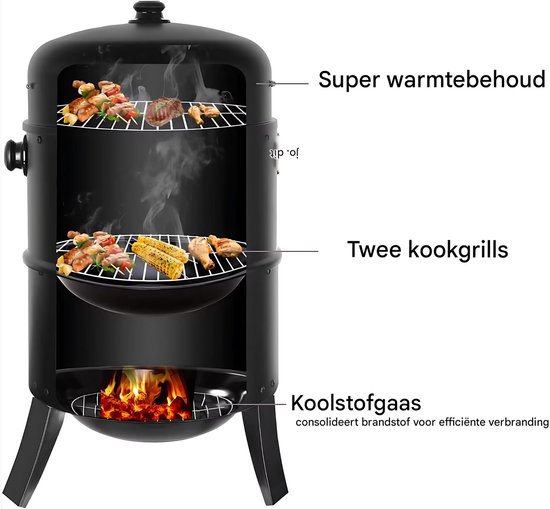 Houtskool grill - 3-in-1 - Ø45 cm - Houtskoolbarbecues - Briketten - Met deksel - Smoker — afbeelding 5