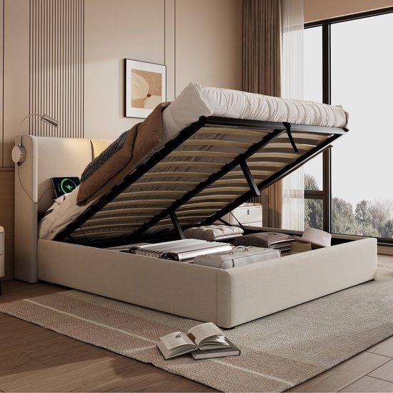 Gestoffeerd bed 160x200cm, Met hydrauliek voor opbergruimte, Tweepersoonsbed, Lichtgrijs