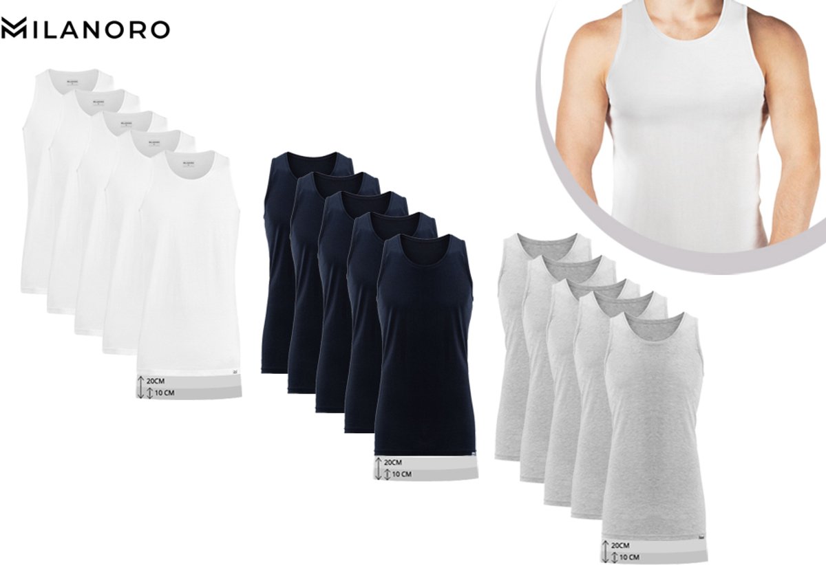 Milanoro - Set van 5 extra lange katoenen ondershirts voor heren - Lichtgrijs - L