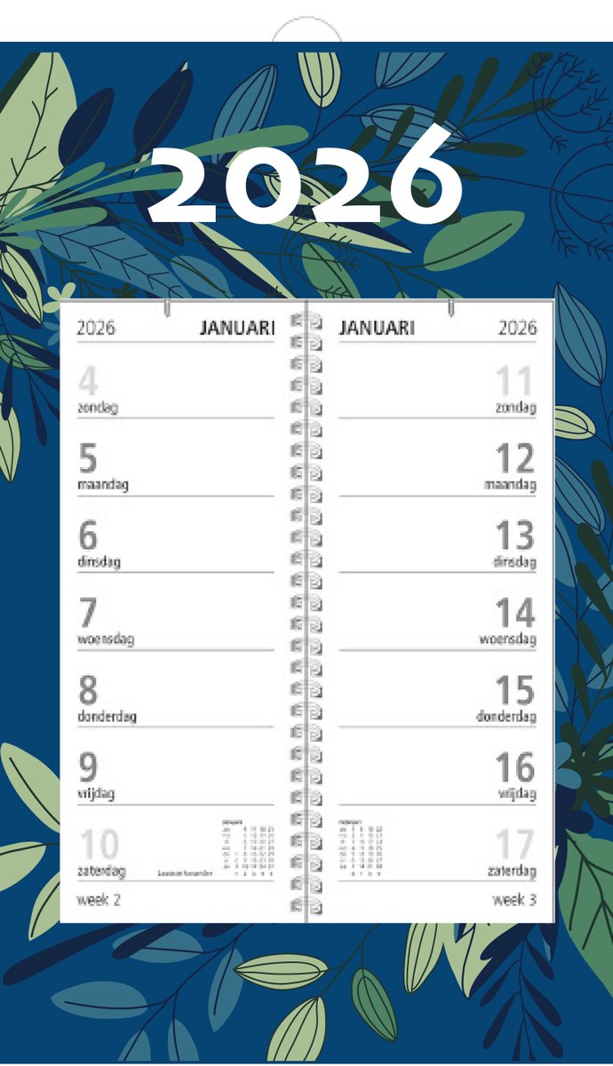 MGPcards - Omlegweekkalender 2026 - Week begint op zondag - 21 x 34 cm - Bladeren - Donker blauw