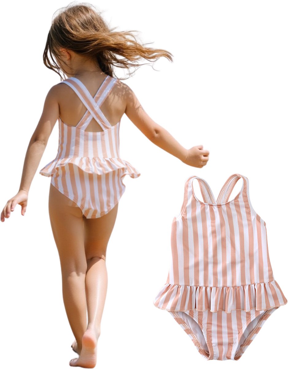 Joya Kids® Badpak Gestreept Roze Wit met Ruches Meisjes | Zwempak met ruches Strepen Zacht Roze | Zwempak Gekruisde Rug Kind | Meisje Streep Bikini Zomer | Kinderbadpak Peuter | Maat 100