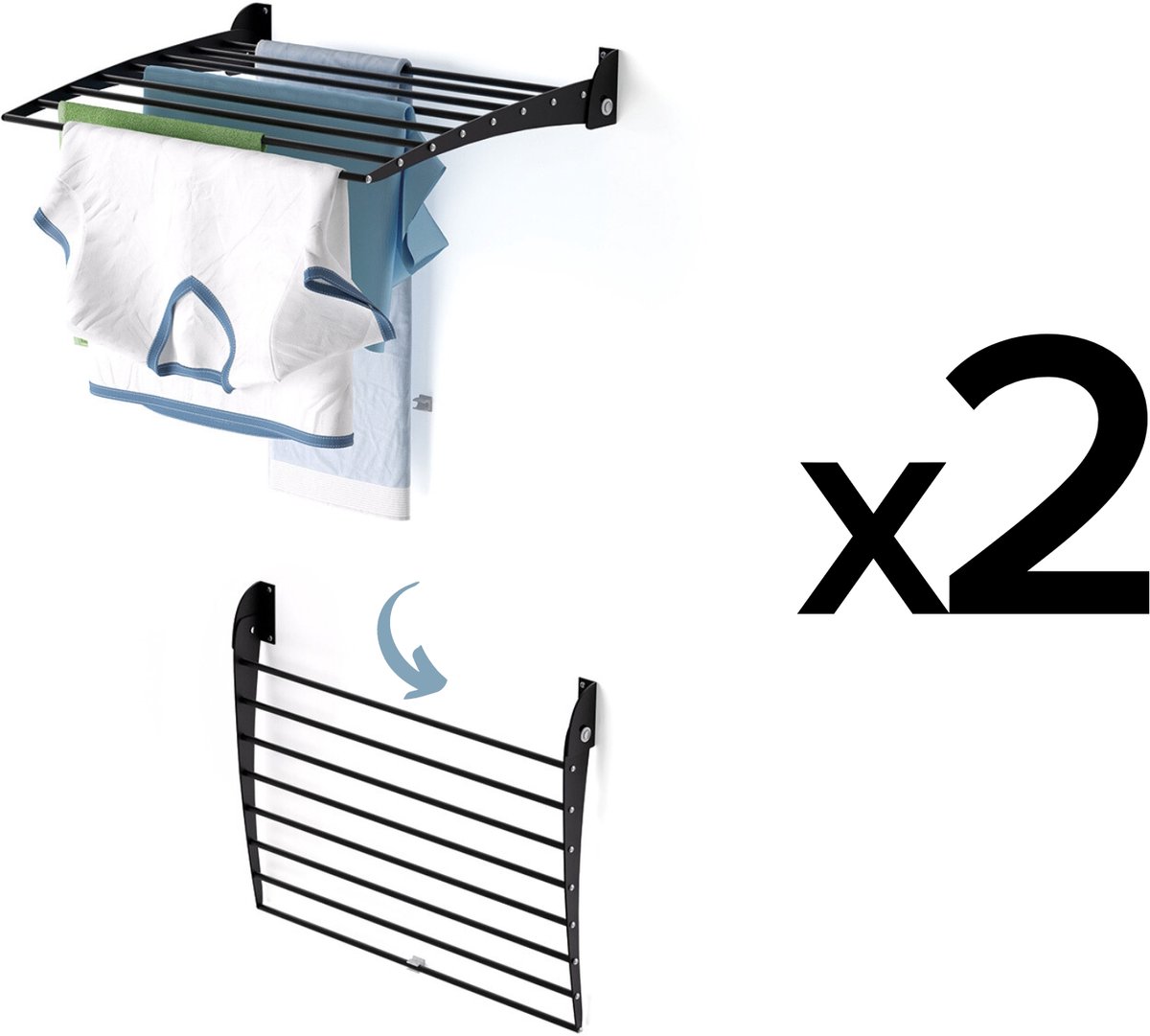 2x Foxydry Fold 60 DOWN - black - wasdroogrek wandmontage clicksysteem - neerwaartse sluiting - 60 x 50 x 10 cm