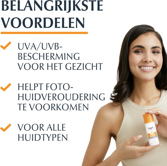Een vrouw met een Eucerin zonnebrandflesje. Tekst: 'Belangrijkste voordelen UVA/UVB-bescherming voor het gezicht'.