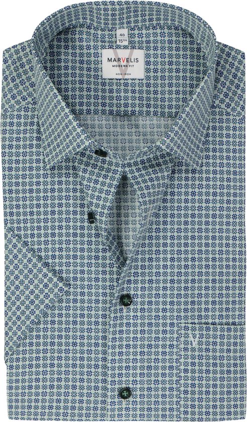 Chemise MARVELIS coupe moderne - manches courtes - popeline - motif vert - Sans repassage - Taille du col : 41
